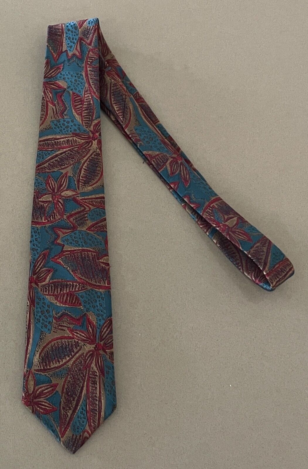 Mens NeckTie COMME SOIE Green Gold Maroon Floral Silk Wedding Formal 7.5cm W Vtg