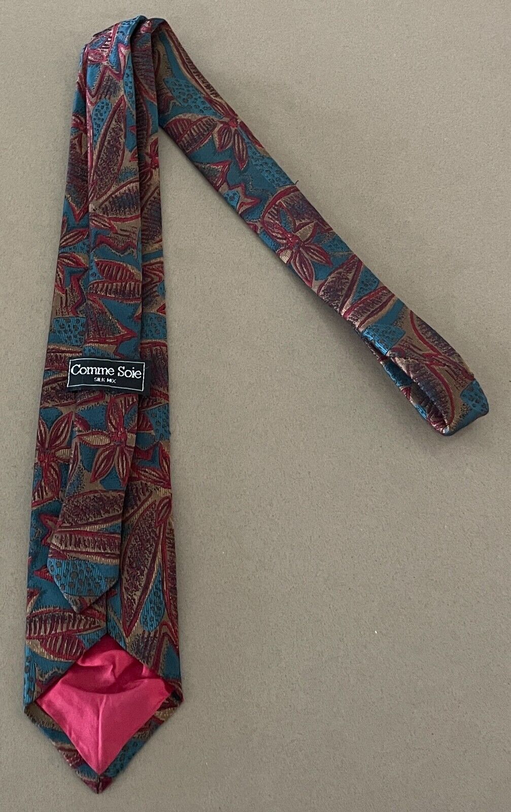Mens NeckTie COMME SOIE Green Gold Maroon Floral Silk Wedding Formal 7.5cm W Vtg