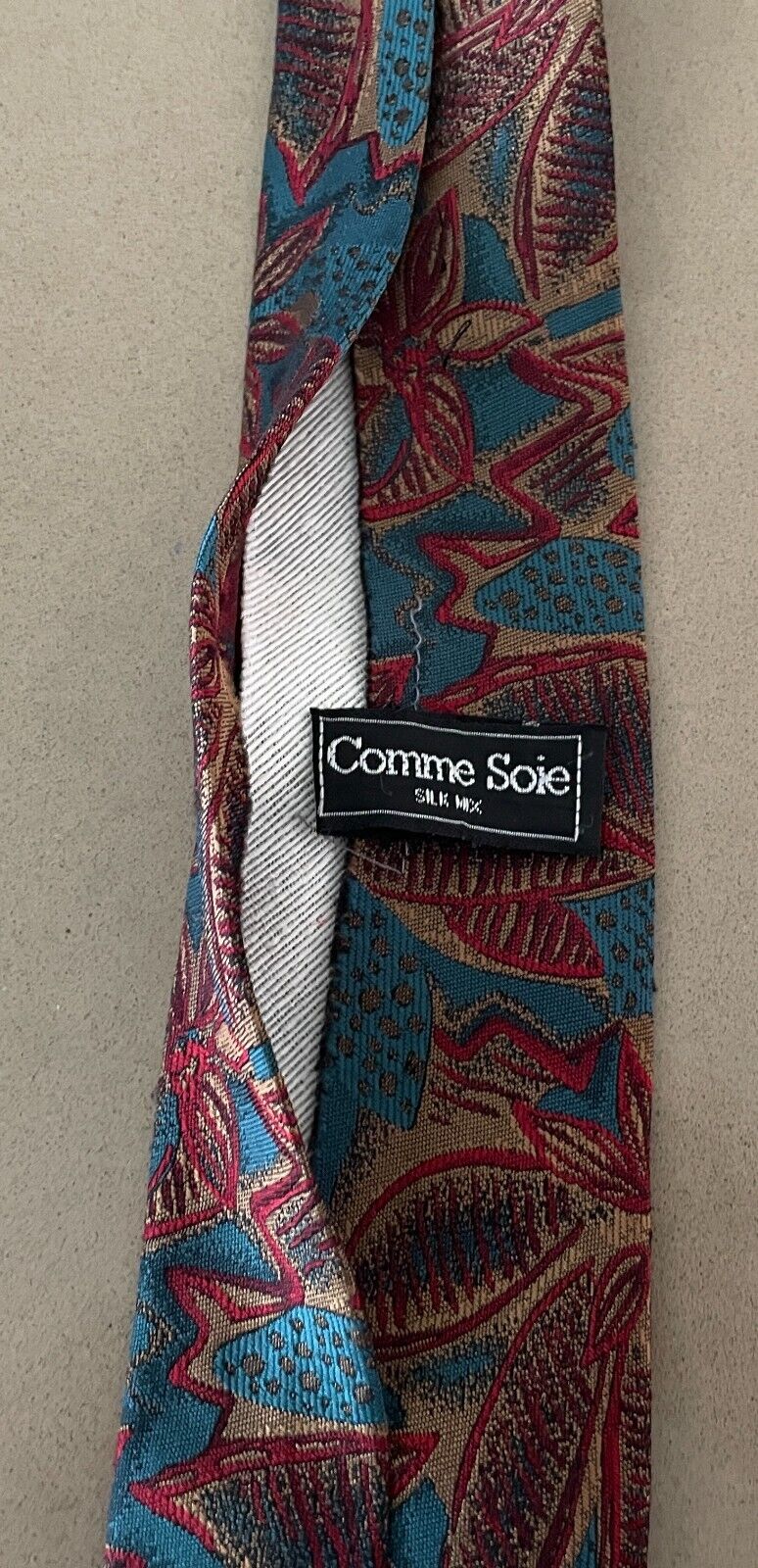 Mens NeckTie COMME SOIE Green Gold Maroon Floral Silk Wedding Formal 7.5cm W Vtg