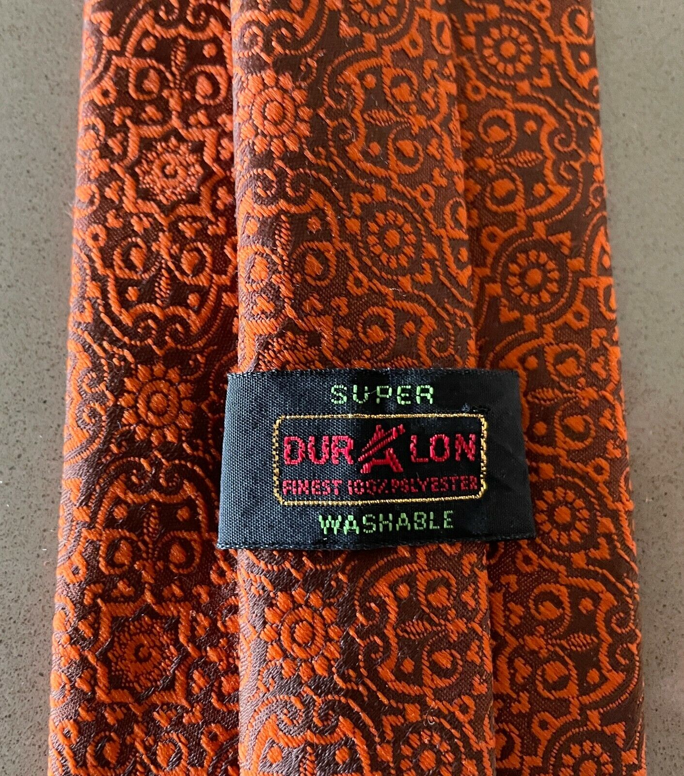 Vintage Mens Tie DURALON 1960's 1970's Orange Jacquard Print Necktie