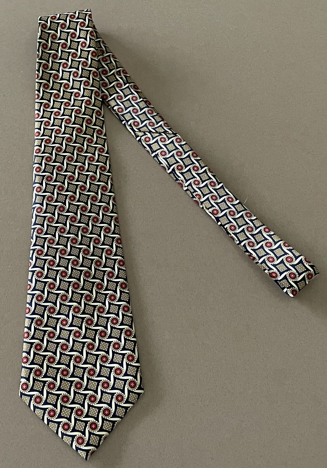 Mens RENE CHAGAL Silk NeckTie Pale Yellow Navy Burgundy Print Hand Made Neck Tie