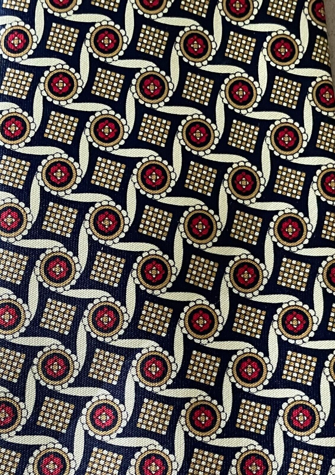 Mens RENE CHAGAL Silk NeckTie Pale Yellow Navy Burgundy Print Hand Made Neck Tie