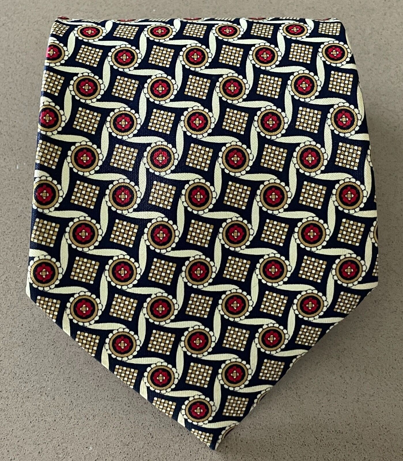 Mens RENE CHAGAL Silk NeckTie Pale Yellow Navy Burgundy Print Hand Made Neck Tie