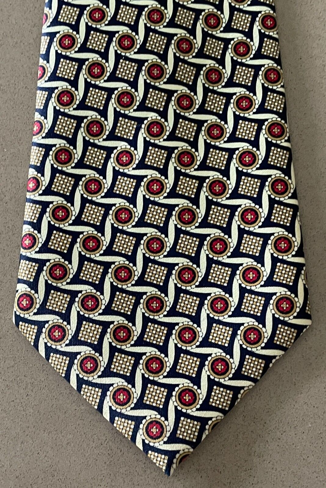 Mens RENE CHAGAL Silk NeckTie Pale Yellow Navy Burgundy Print Hand Made Neck Tie