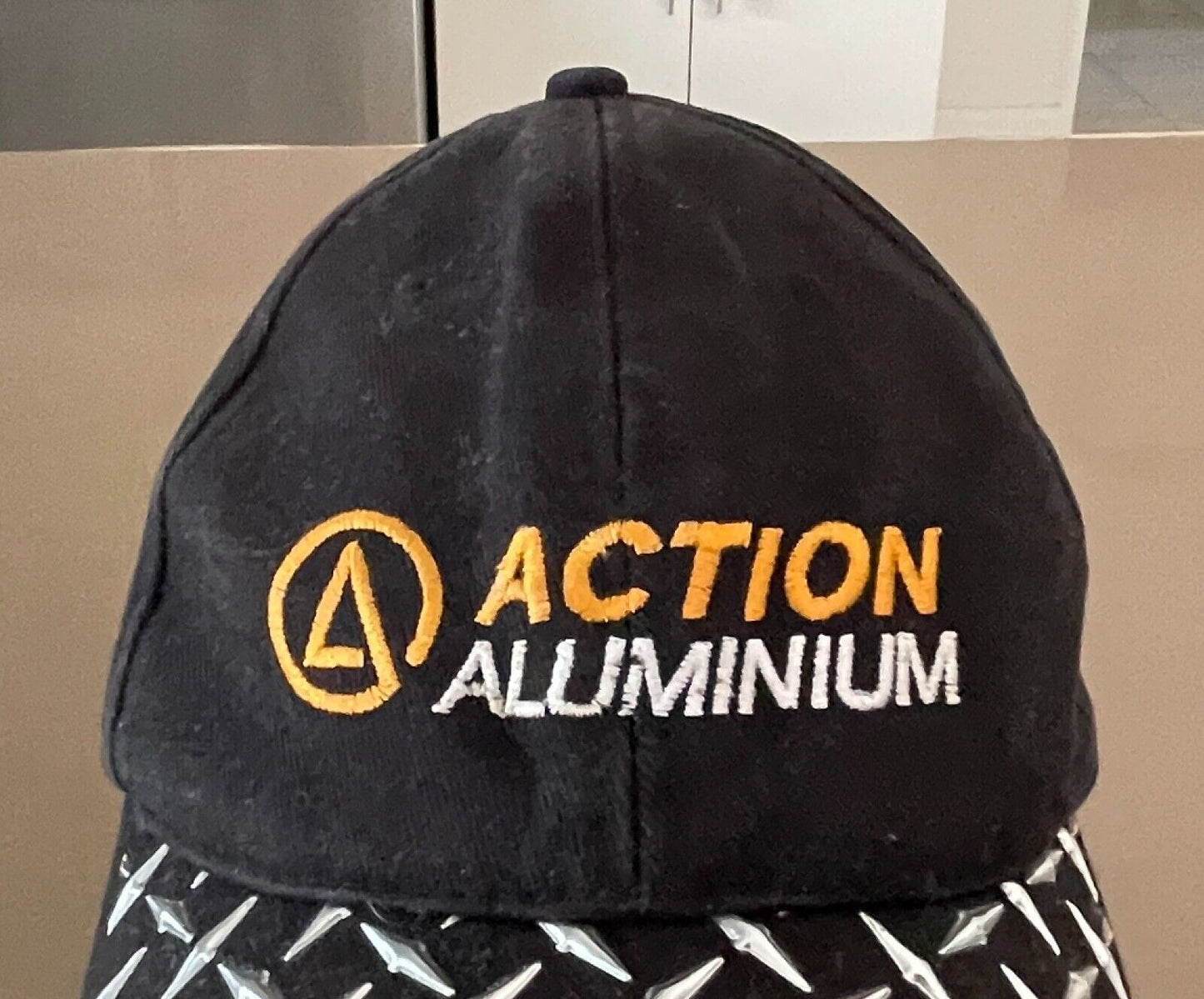 ACTION ALUMINIUM Checkerboard Baseball Cap Black Silver Trim Adjust Strap Back