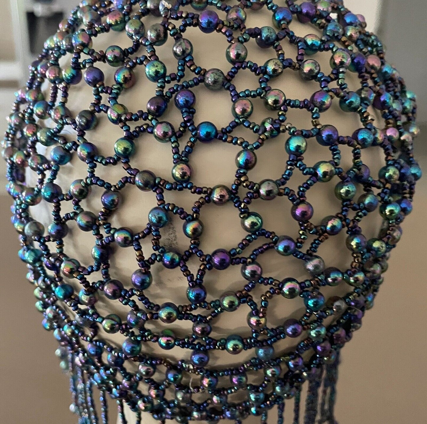 Art Deco FLAPPER Iridescent Glass Beaded Skull Cap Blue Green Purple Pink 1920's