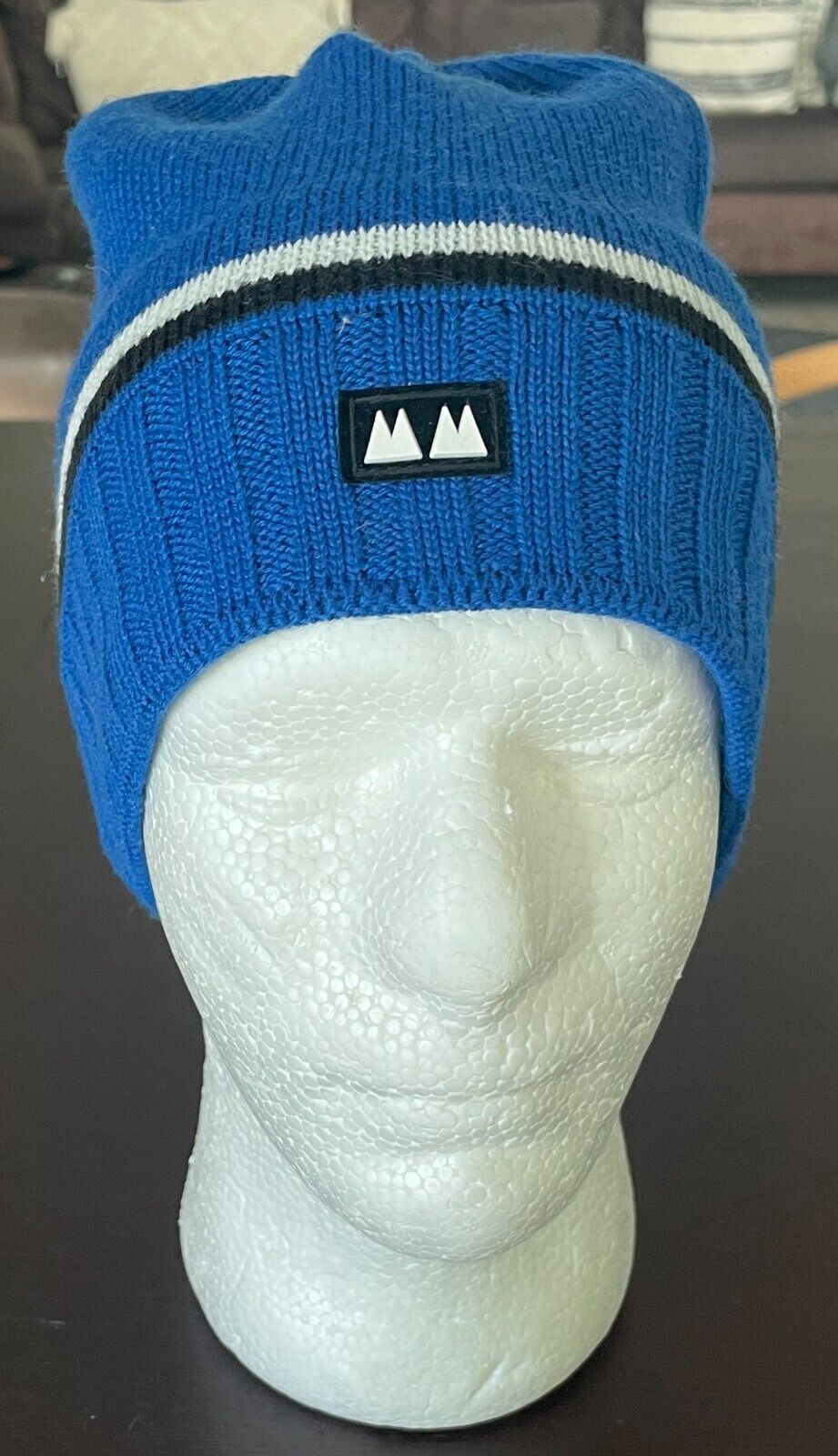 Mens Blue Knit MM BEANIE Black and White Trim Acrylic One Size Cap Hat