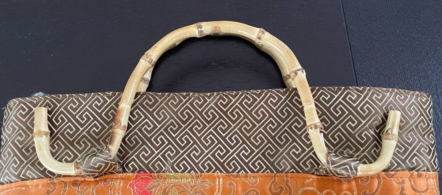 Tote Bag Chinese Oriental Orange Gold Purple Green Red Bamboo Cane Handles nNEW