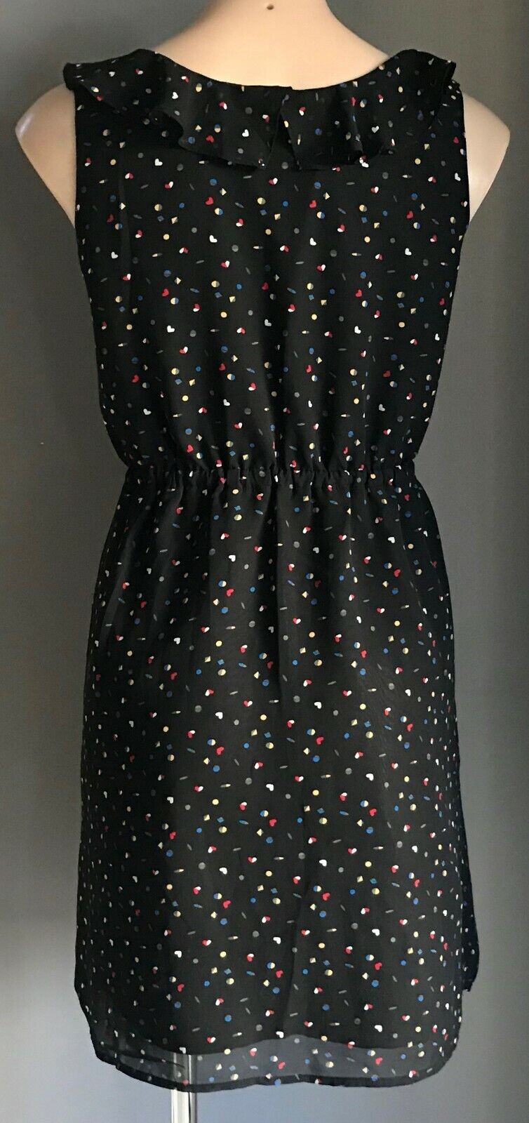 Vintage Dress Black Multi Colour Heart Print Elastic Waist Sleeveless Size 10