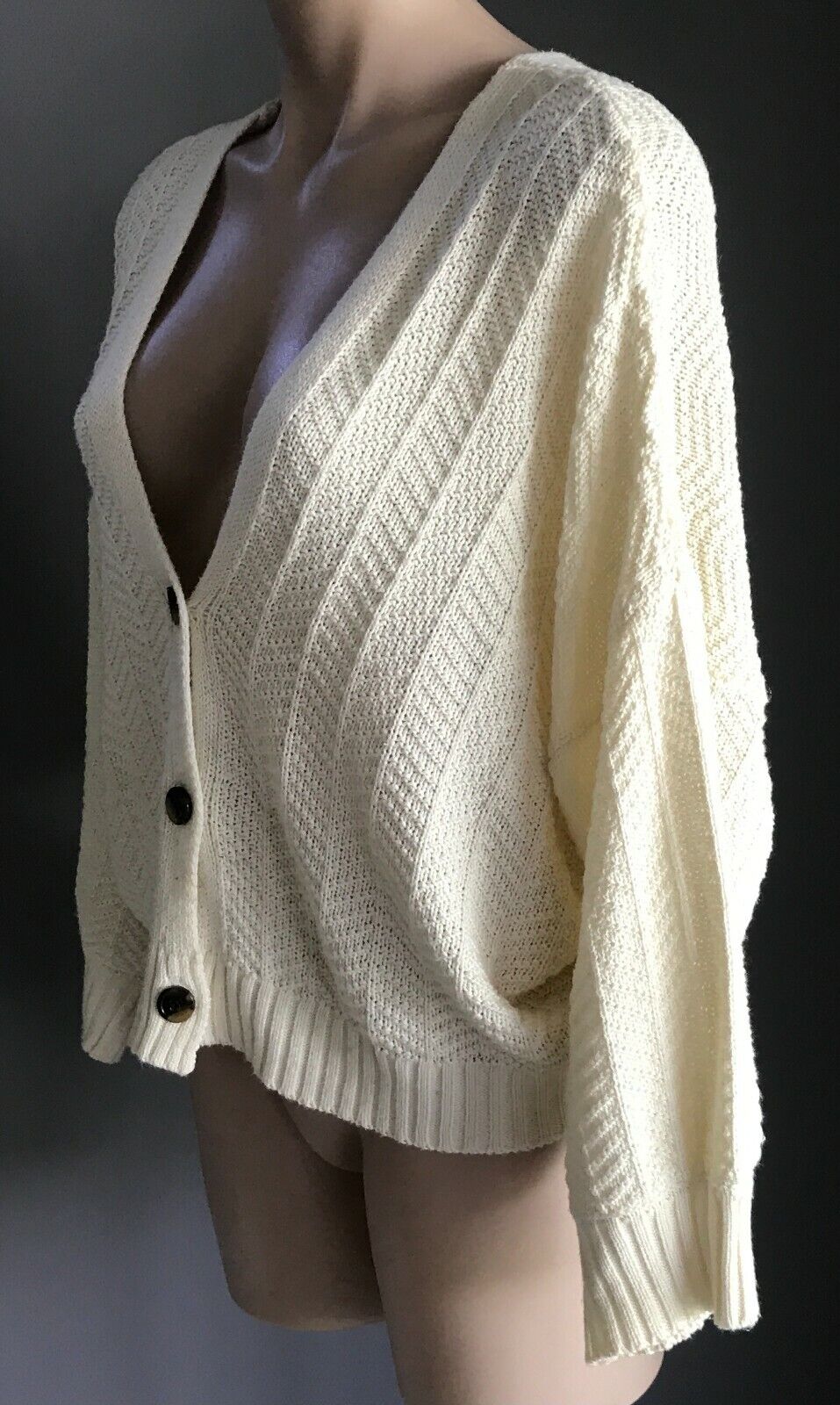 CHUNKY KNIT Cardigan Cream 3/4 Sleeve Crop Ladies Size M 12 NEW Vintage