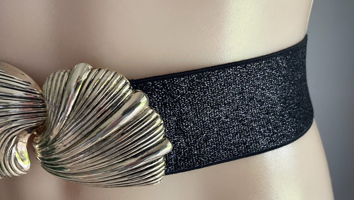 Ladies Belt Elastic 5cm Black Glitter Waist Belt Interlocking Metal Shell Buckle