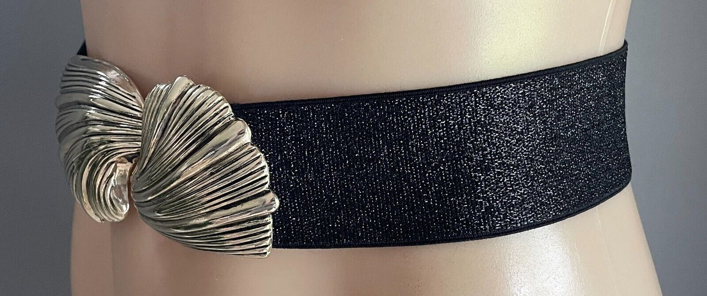 Ladies Belt Elastic 5cm Black Glitter Waist Belt Interlocking Metal Shell Buckle