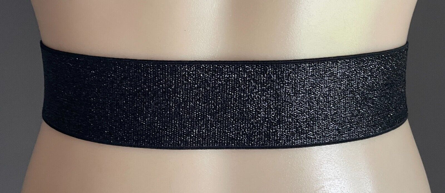 Ladies Belt Elastic 5cm Black Glitter Waist Belt Interlocking Metal Shell Buckle