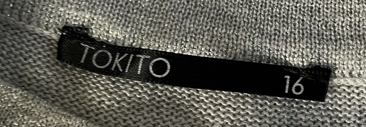 TOKITO Stretch Top Silver Glitter Sleeveless High Neck Blouse Size 16