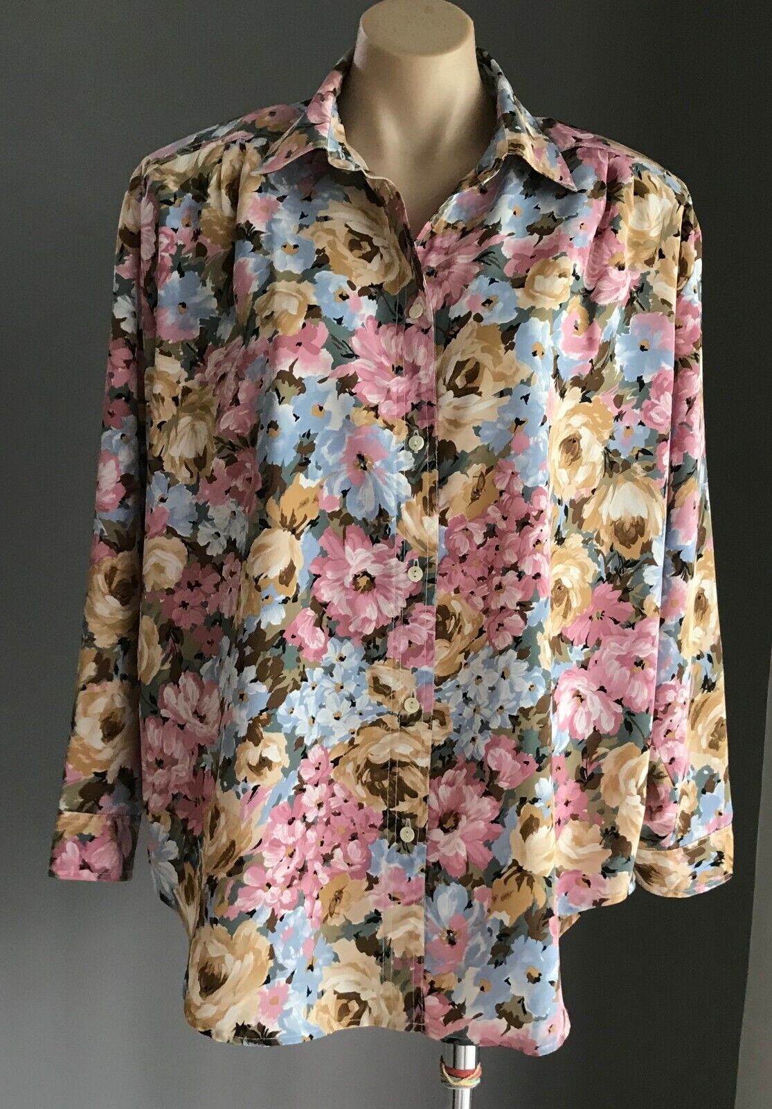 STUDIO DESIGN Blouse Long Sleeve Floral Print Top Shoulder Pads Ladies Size 16