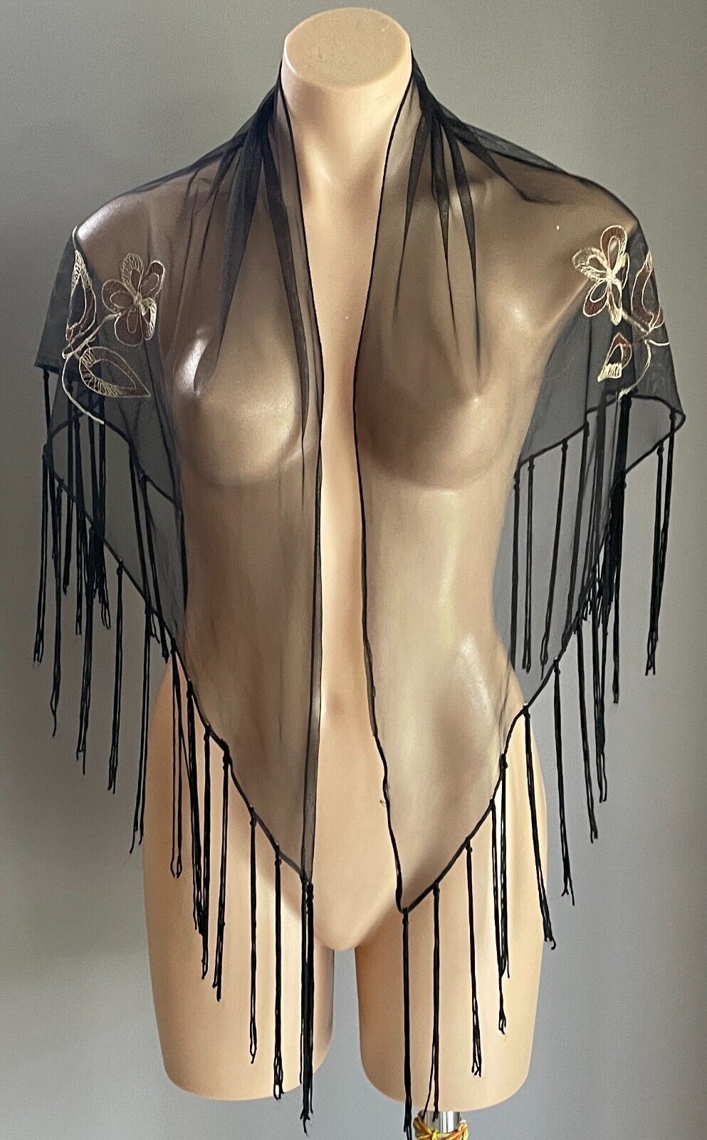 Fringed Shawl Ladies Black Mesh Net Embroidered Cream Brown Flowers