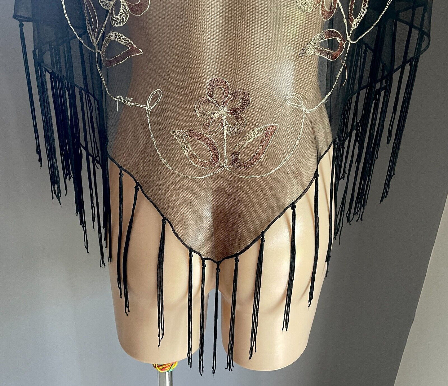 Fringed Shawl Ladies Black Mesh Net Embroidered Cream Brown Flowers