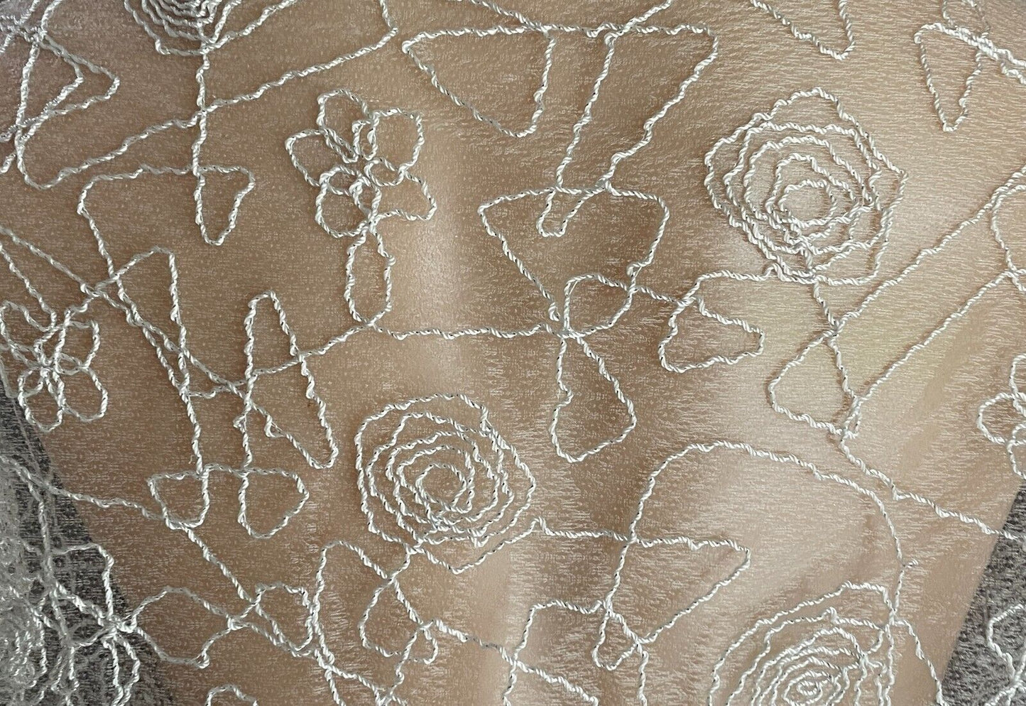 Triangle Shawl White & Silver Thread Semi Sheer Cornelli Floral Lace Trim Scarf