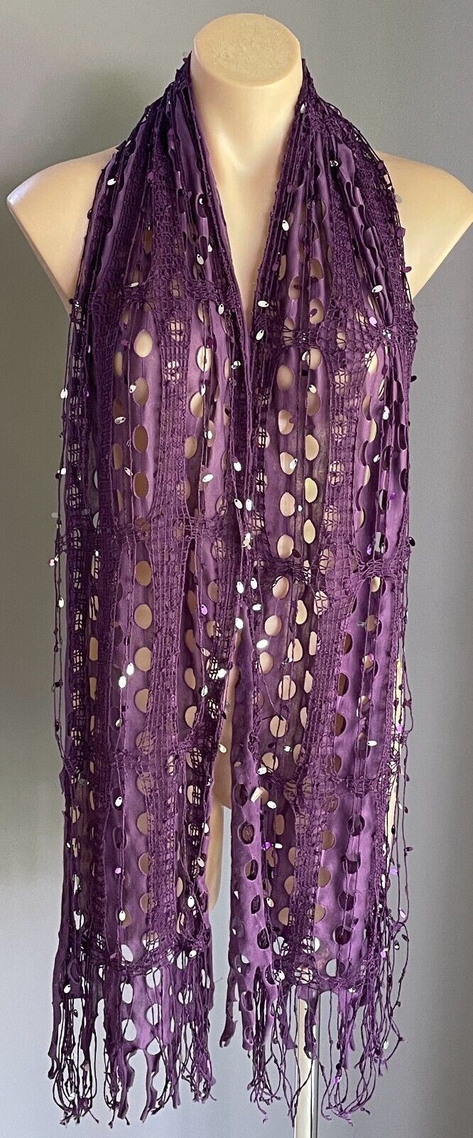 Neck SCARF Purple & Silver Trim Rectangle Holey Fabric w Net Overlay Fringe Trim
