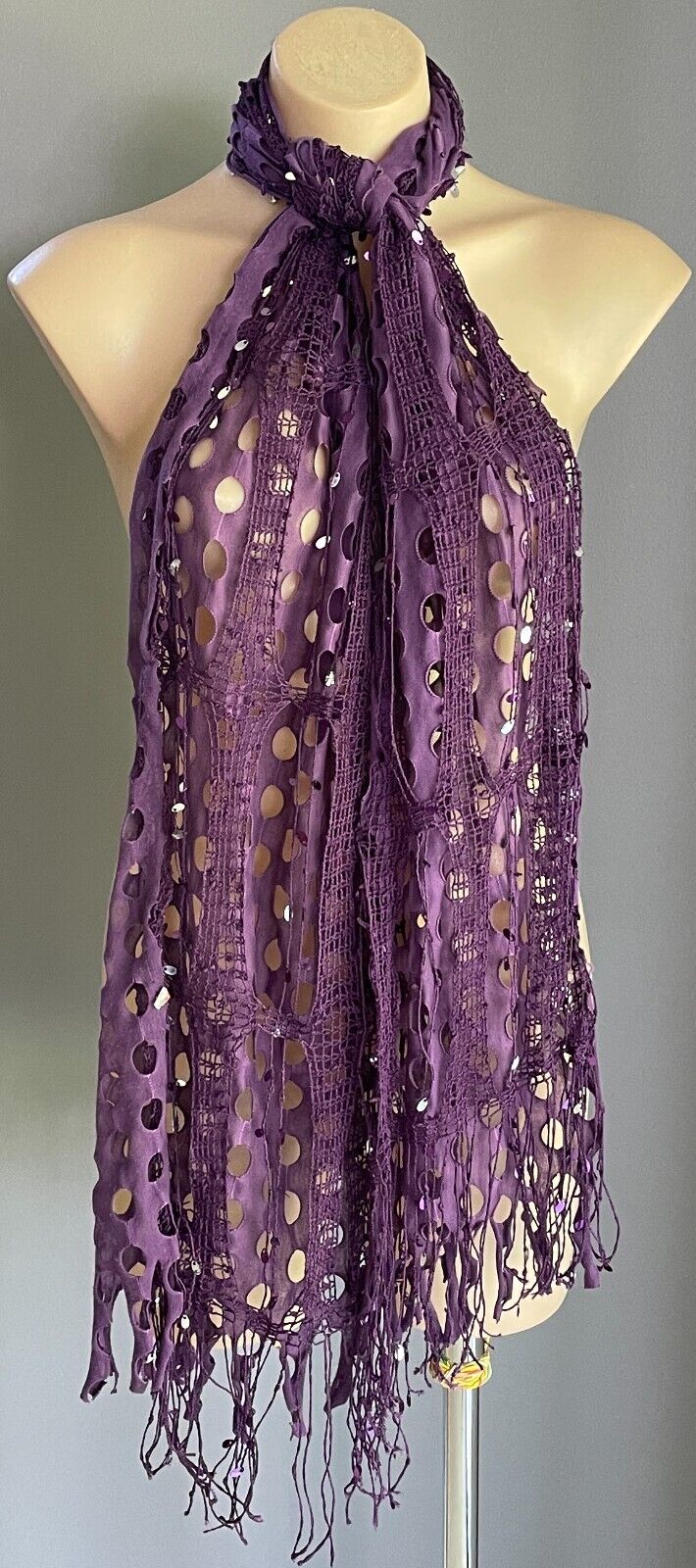Neck SCARF Purple & Silver Trim Rectangle Holey Fabric w Net Overlay Fringe Trim