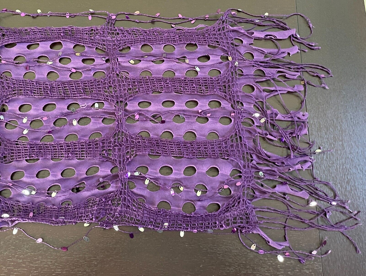 Neck SCARF Purple & Silver Trim Rectangle Holey Fabric w Net Overlay Fringe Trim