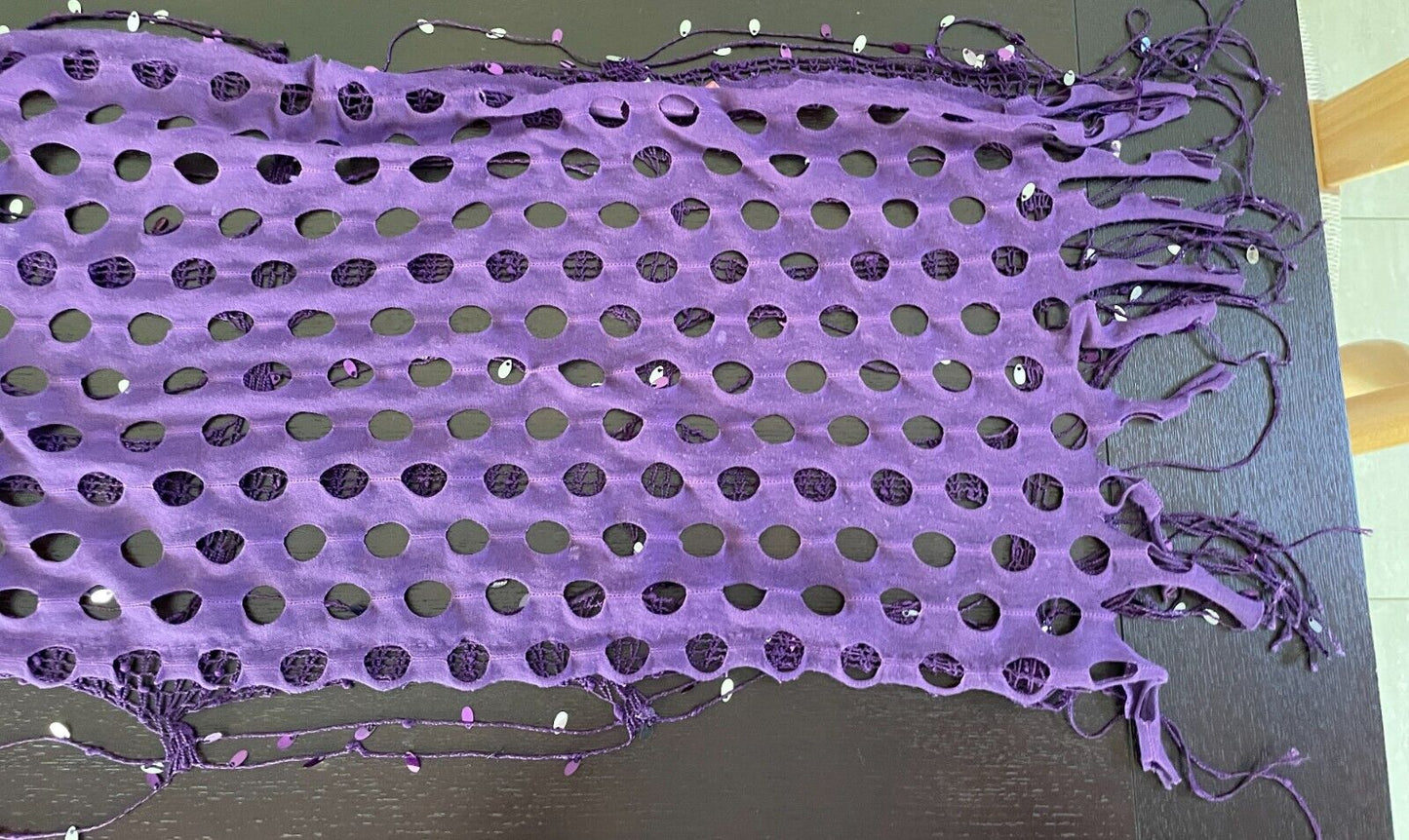 Neck SCARF Purple & Silver Trim Rectangle Holey Fabric w Net Overlay Fringe Trim