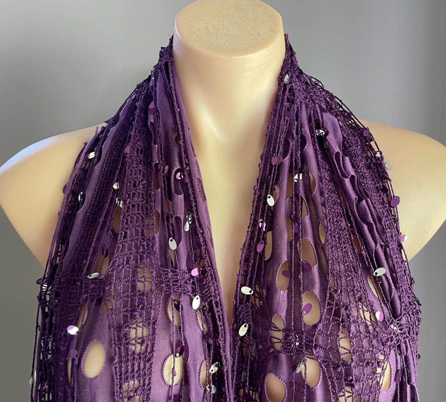 Neck SCARF Purple & Silver Trim Rectangle Holey Fabric w Net Overlay Fringe Trim