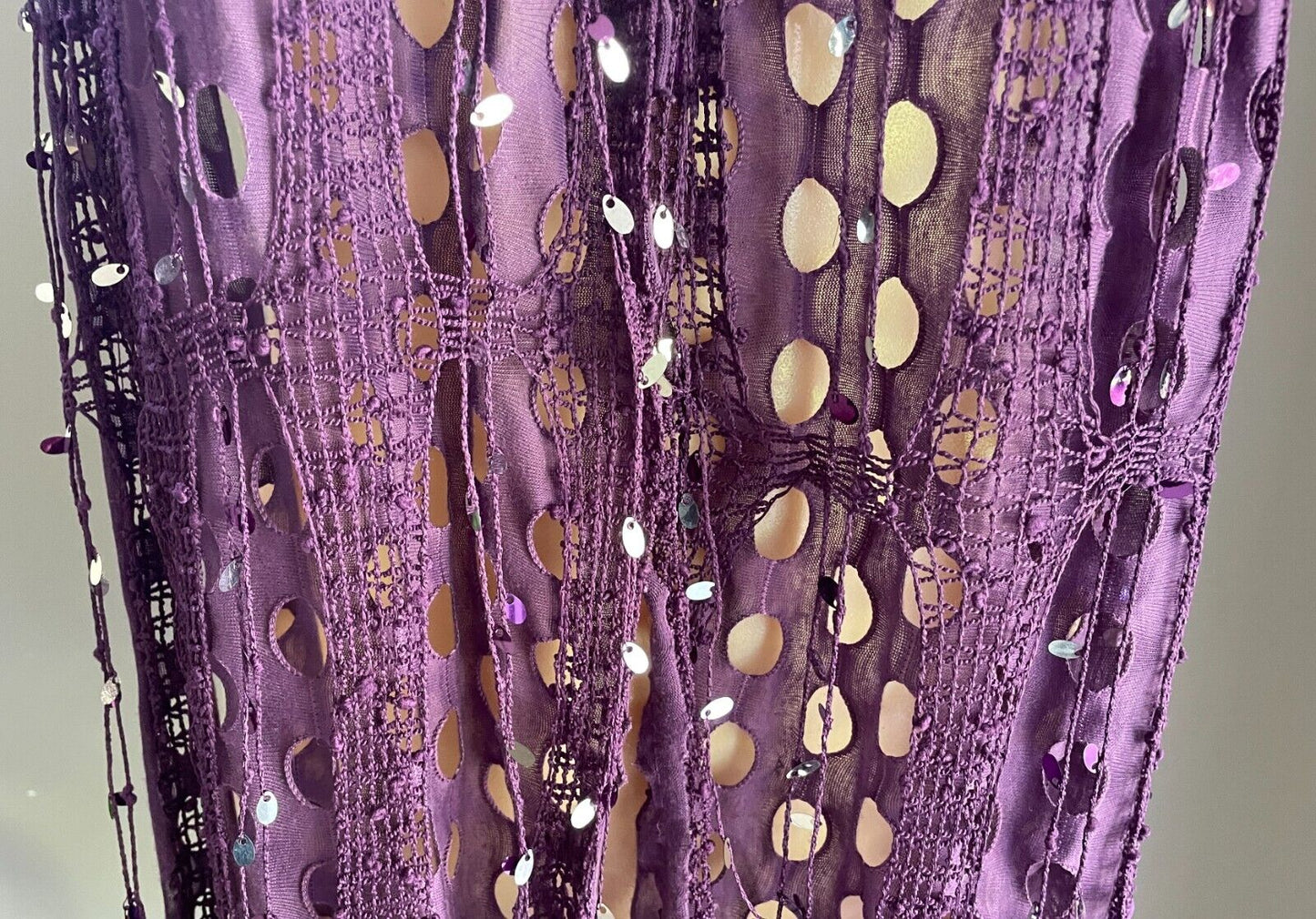 Neck SCARF Purple & Silver Trim Rectangle Holey Fabric w Net Overlay Fringe Trim