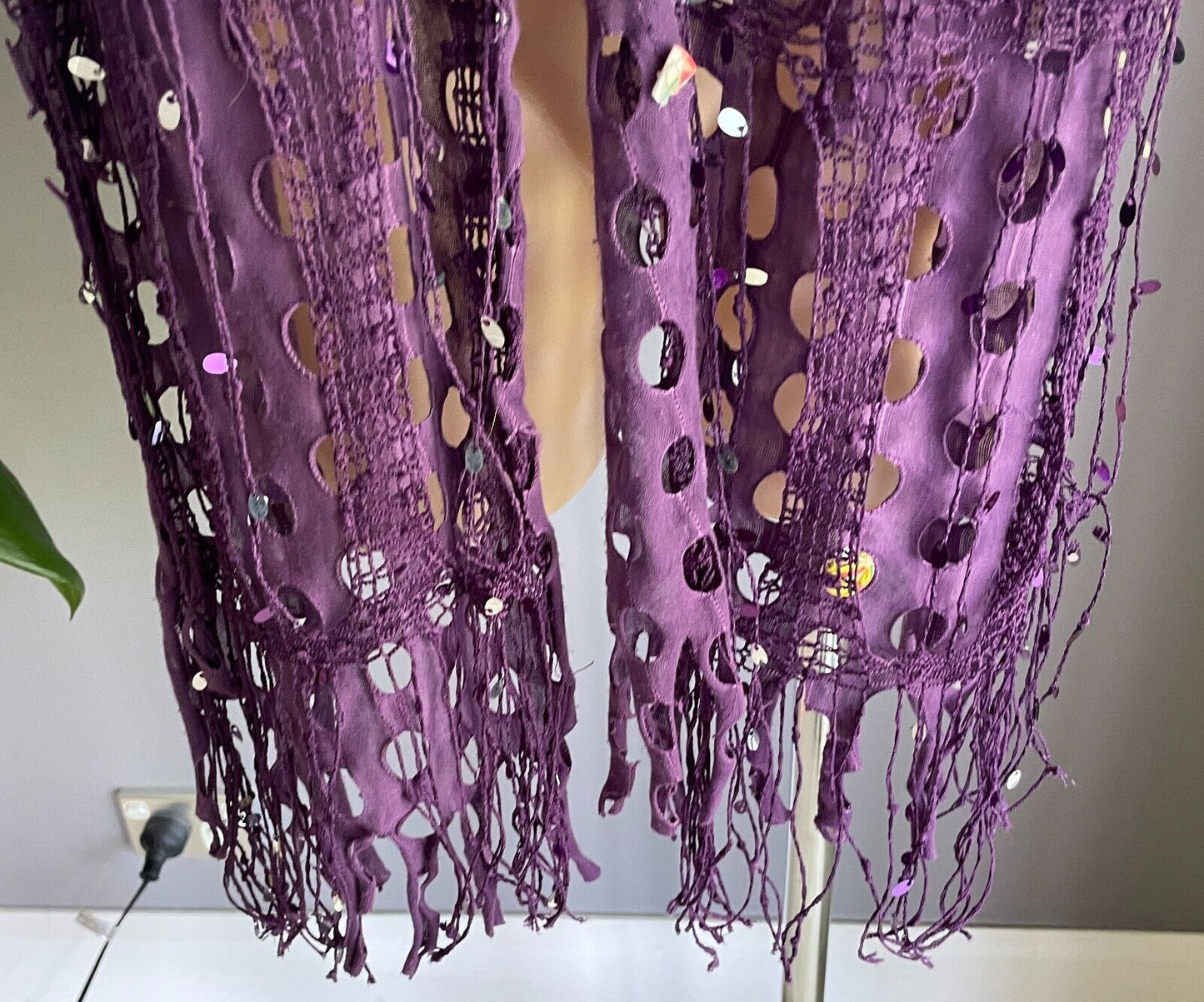 Neck SCARF Purple & Silver Trim Rectangle Holey Fabric w Net Overlay Fringe Trim