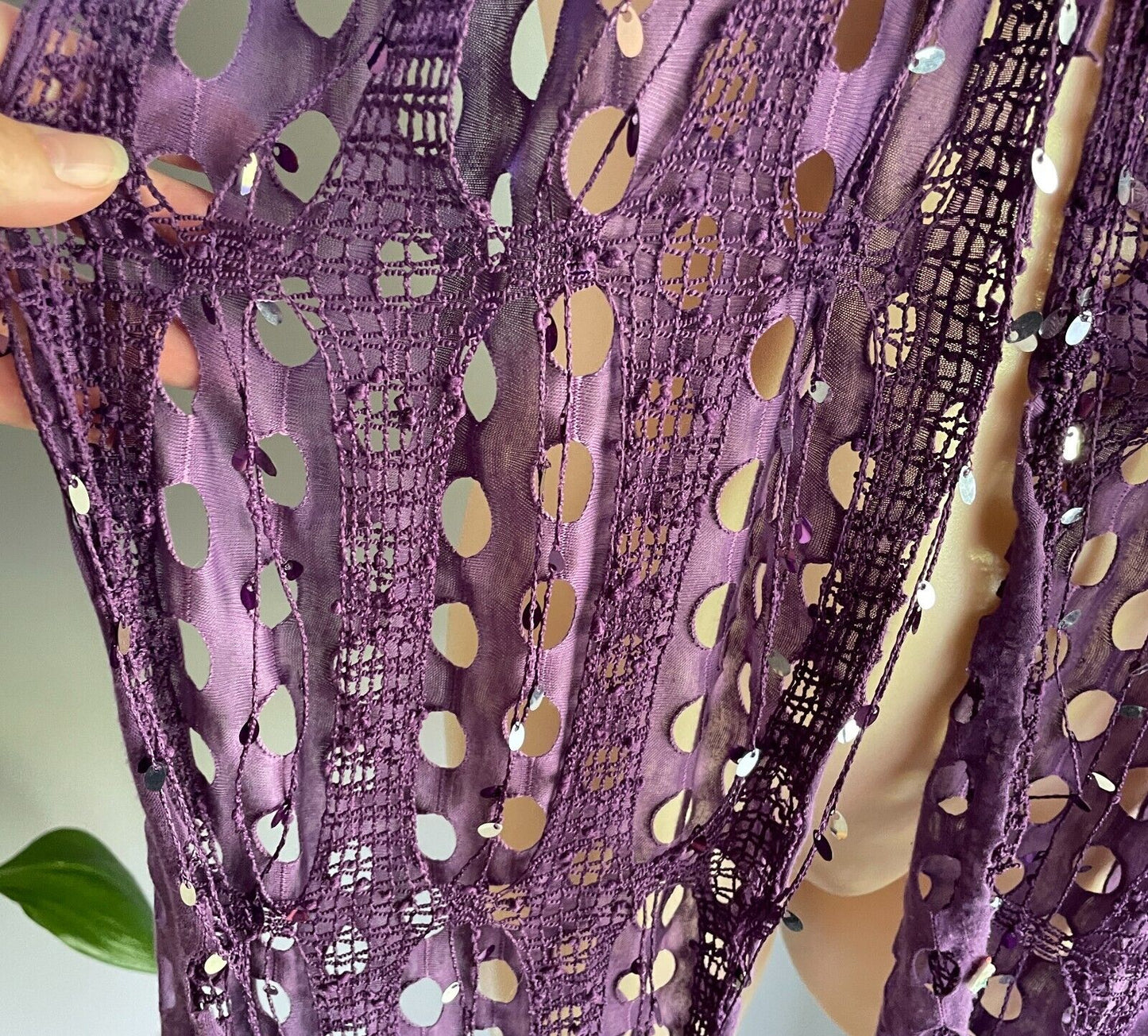 Neck SCARF Purple & Silver Trim Rectangle Holey Fabric w Net Overlay Fringe Trim