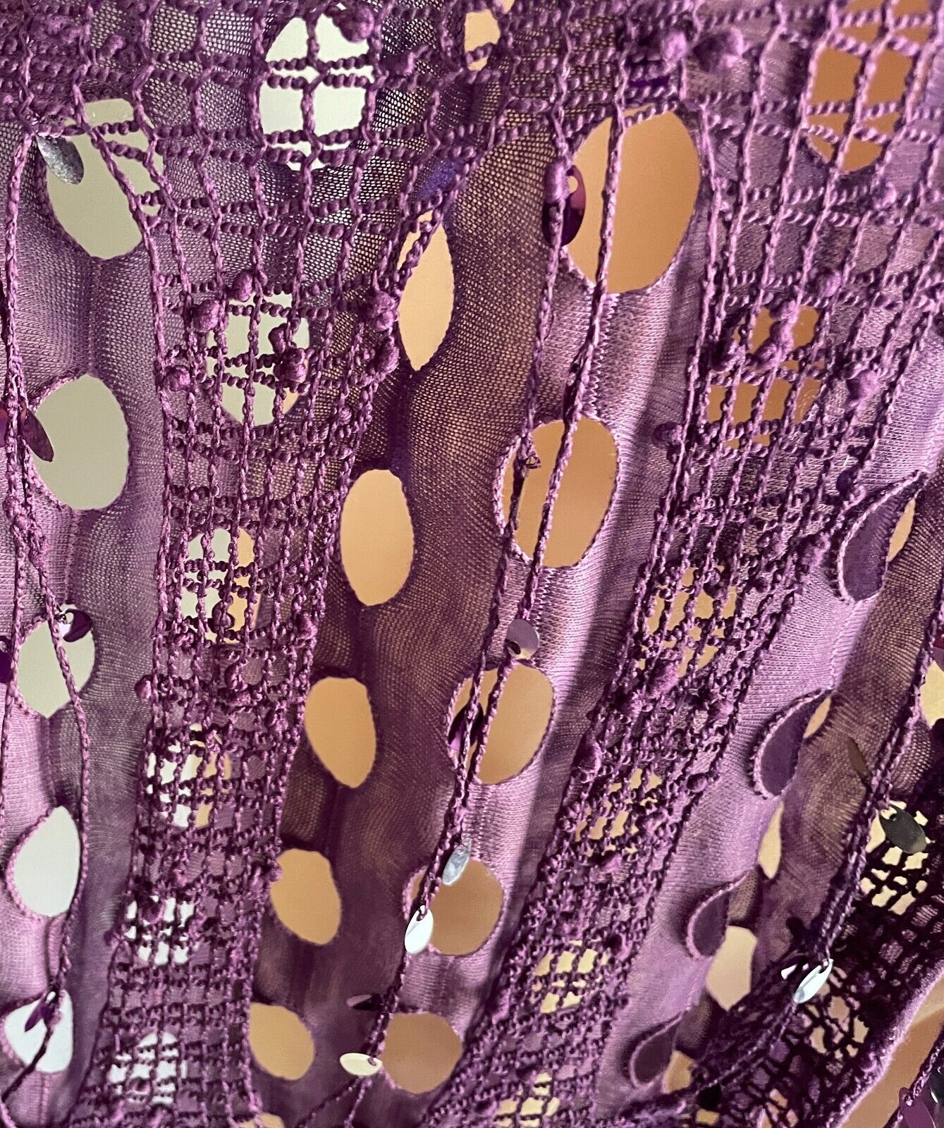Neck SCARF Purple & Silver Trim Rectangle Holey Fabric w Net Overlay Fringe Trim