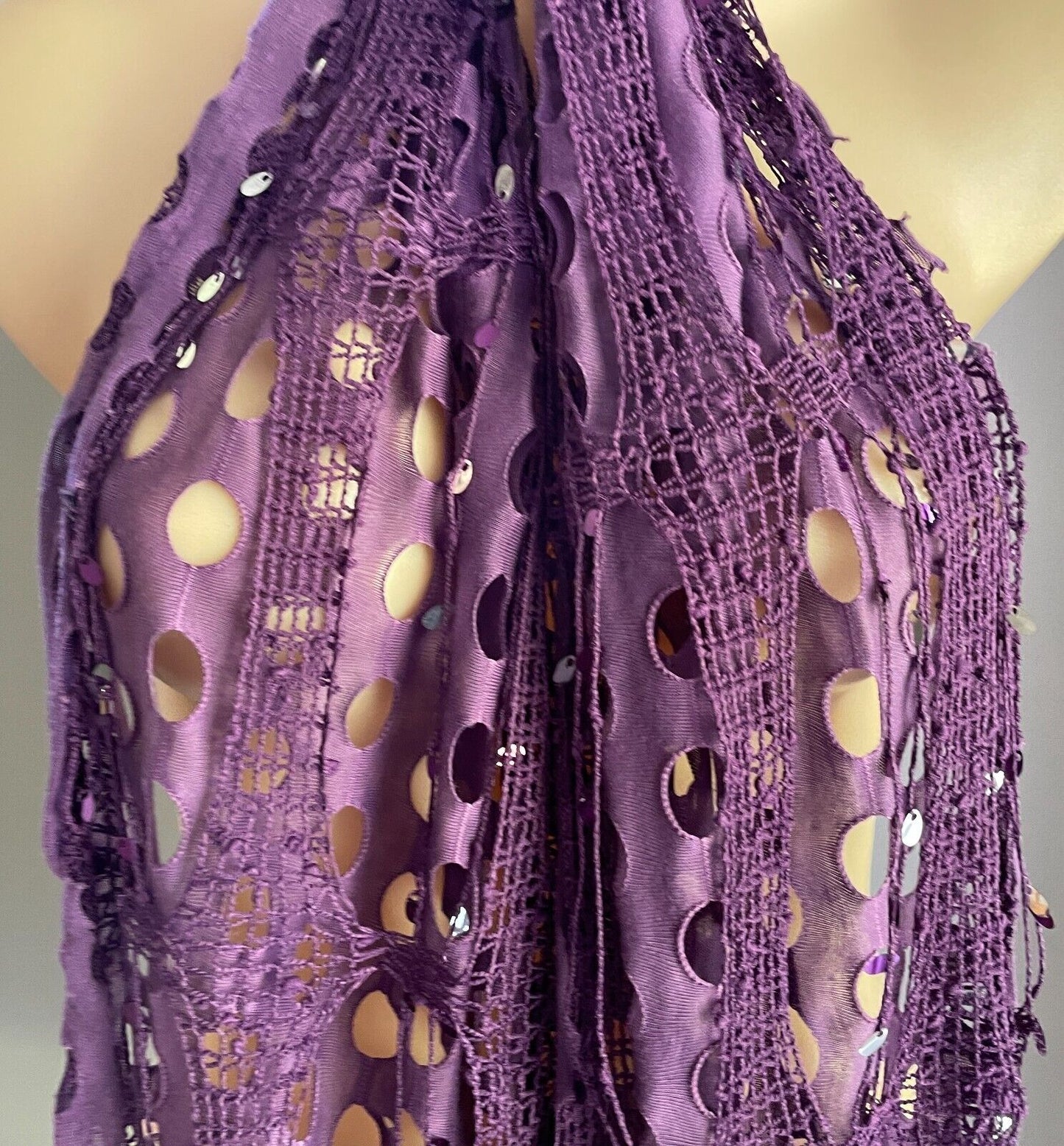Neck SCARF Purple & Silver Trim Rectangle Holey Fabric w Net Overlay Fringe Trim