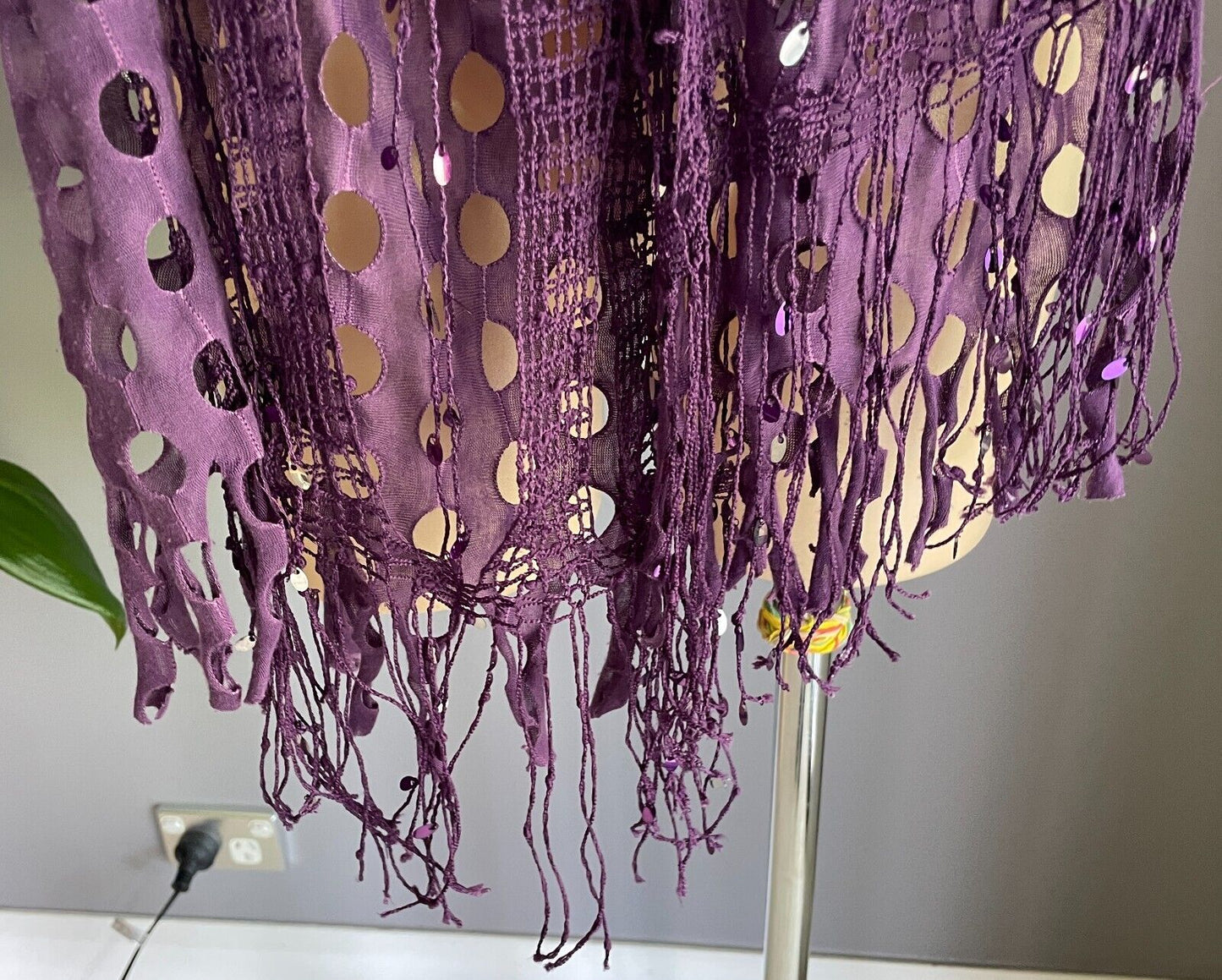 Neck SCARF Purple & Silver Trim Rectangle Holey Fabric w Net Overlay Fringe Trim