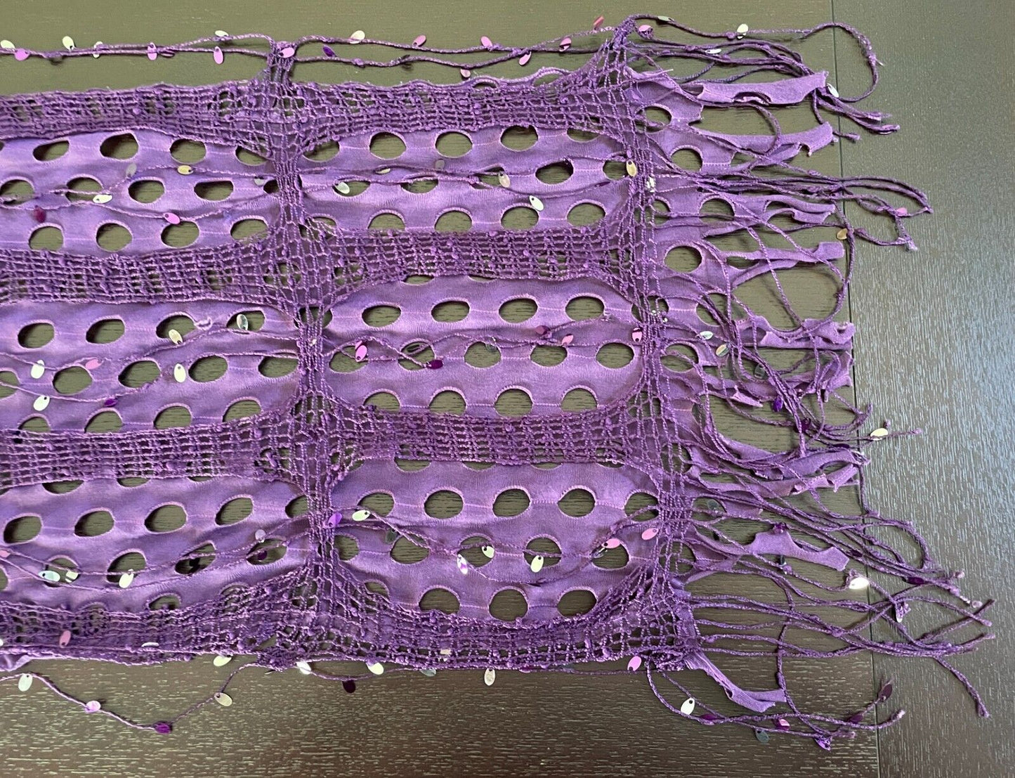 Neck SCARF Purple & Silver Trim Rectangle Holey Fabric w Net Overlay Fringe Trim