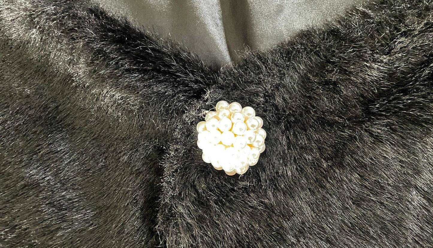 Faux Fur Stole ROSE'S Black Wrap w Stunning Pearl Fastening COLLAR Plus Size 24
