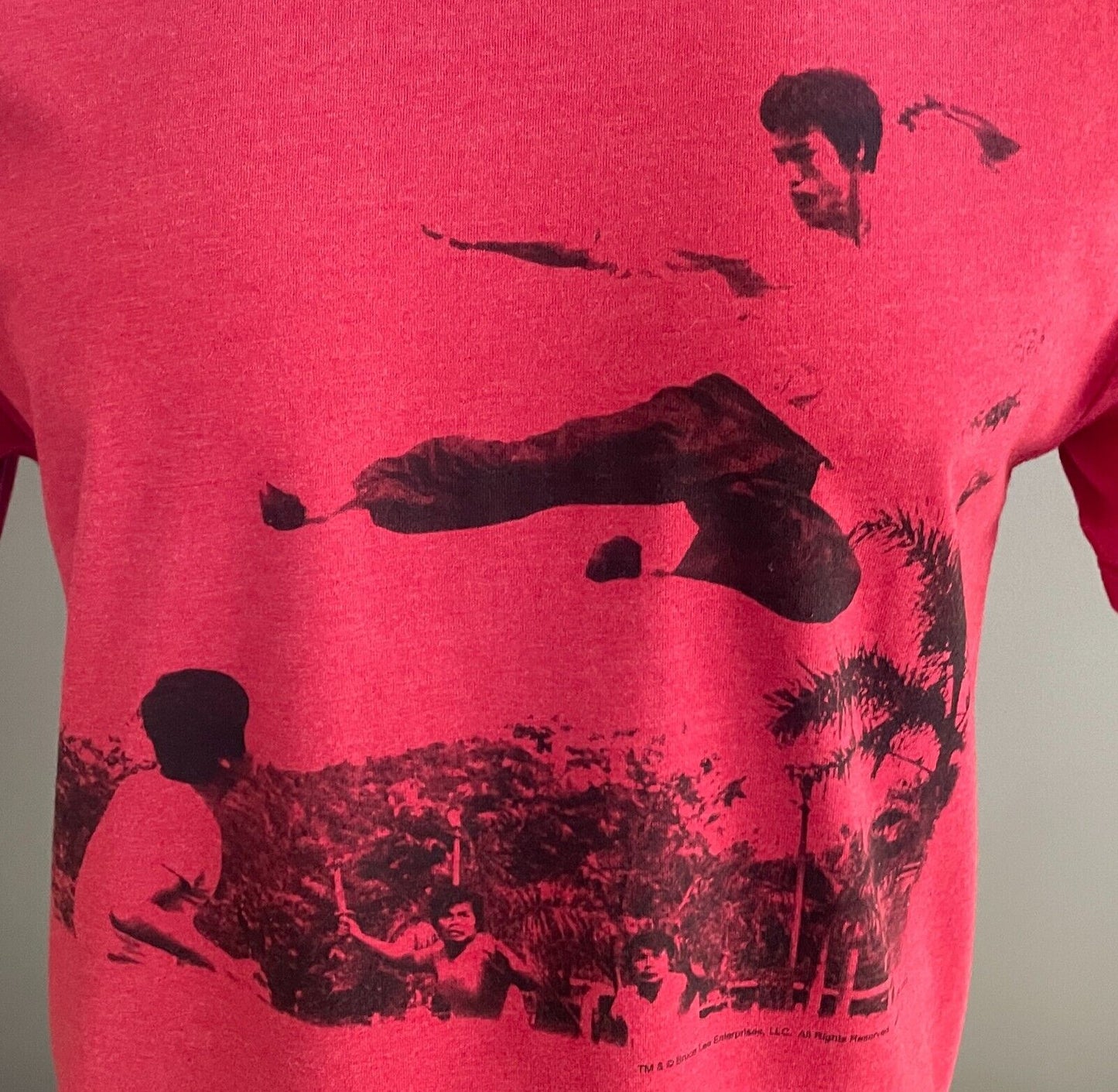 Mens BRUCE LEE T Shirt Burgundy Marl Flying Kick Tee Sz XL 115cm Chest NEW
