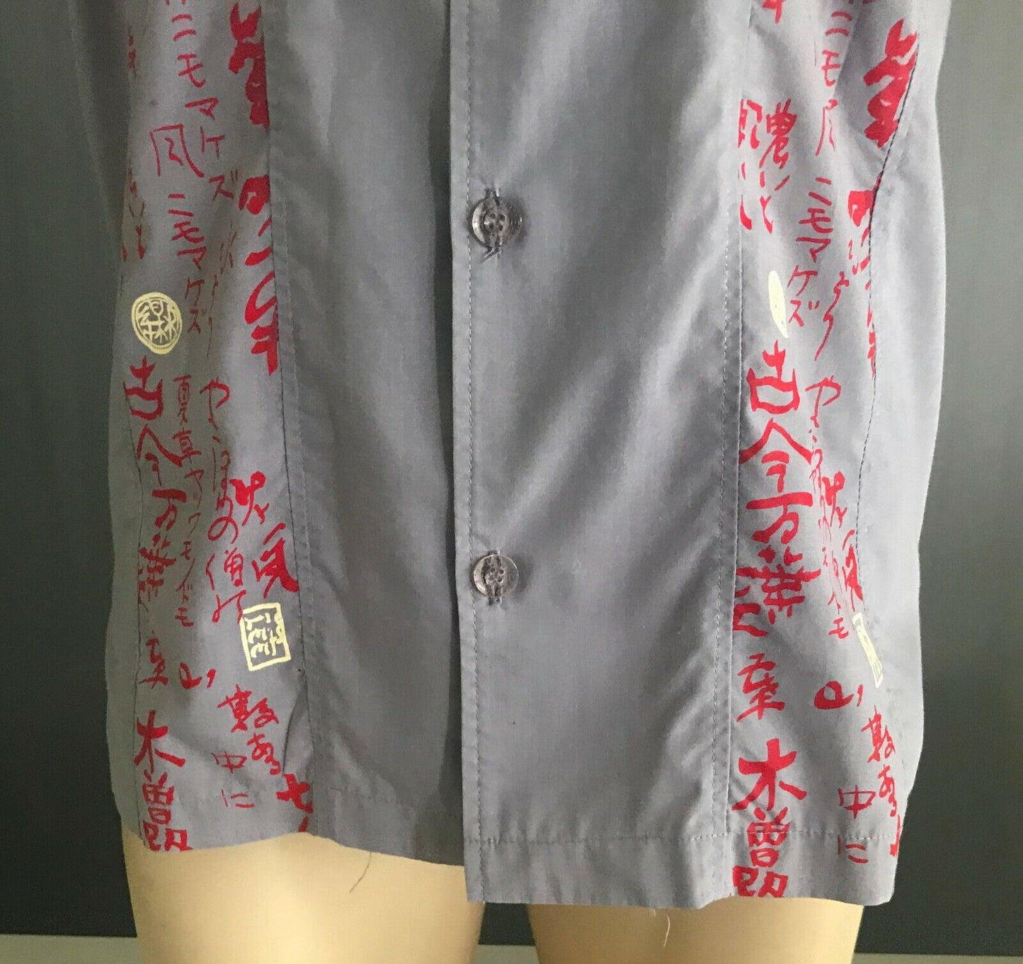 LEE DENIM Mens Short Sleeve Shirt Grey w Oriental Print Panels Size M