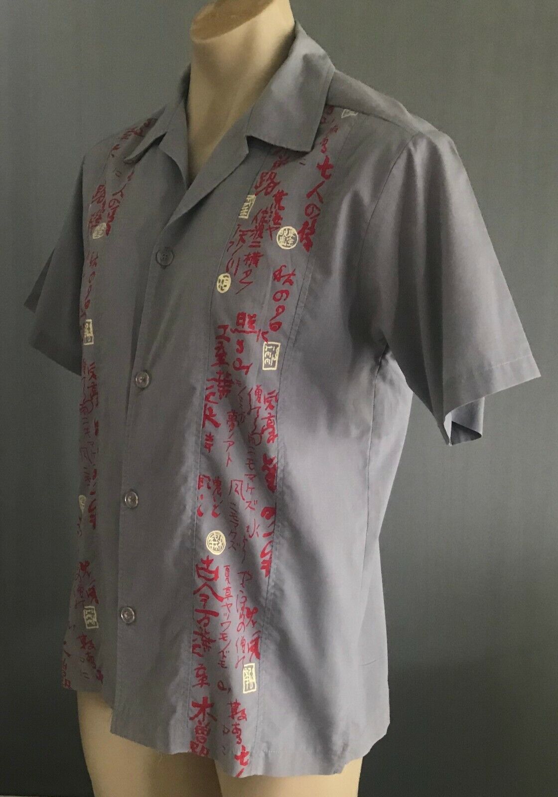 LEE DENIM Mens Short Sleeve Shirt Grey w Oriental Print Panels Size M