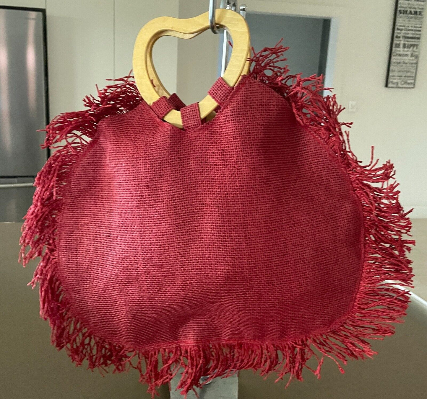 Shopper Bag Burgundy Red Raffia Heart Cane Handles Multicoloured Flowers Fringed