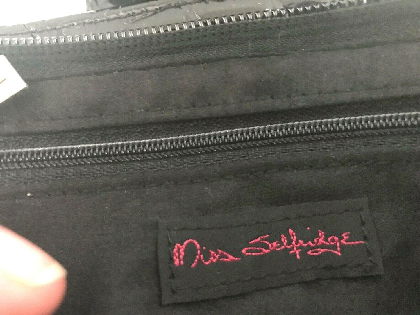 MISS SELFRIDGE Clutch Black Bag Croc Patent Pleather Handbag Vintage Inspired