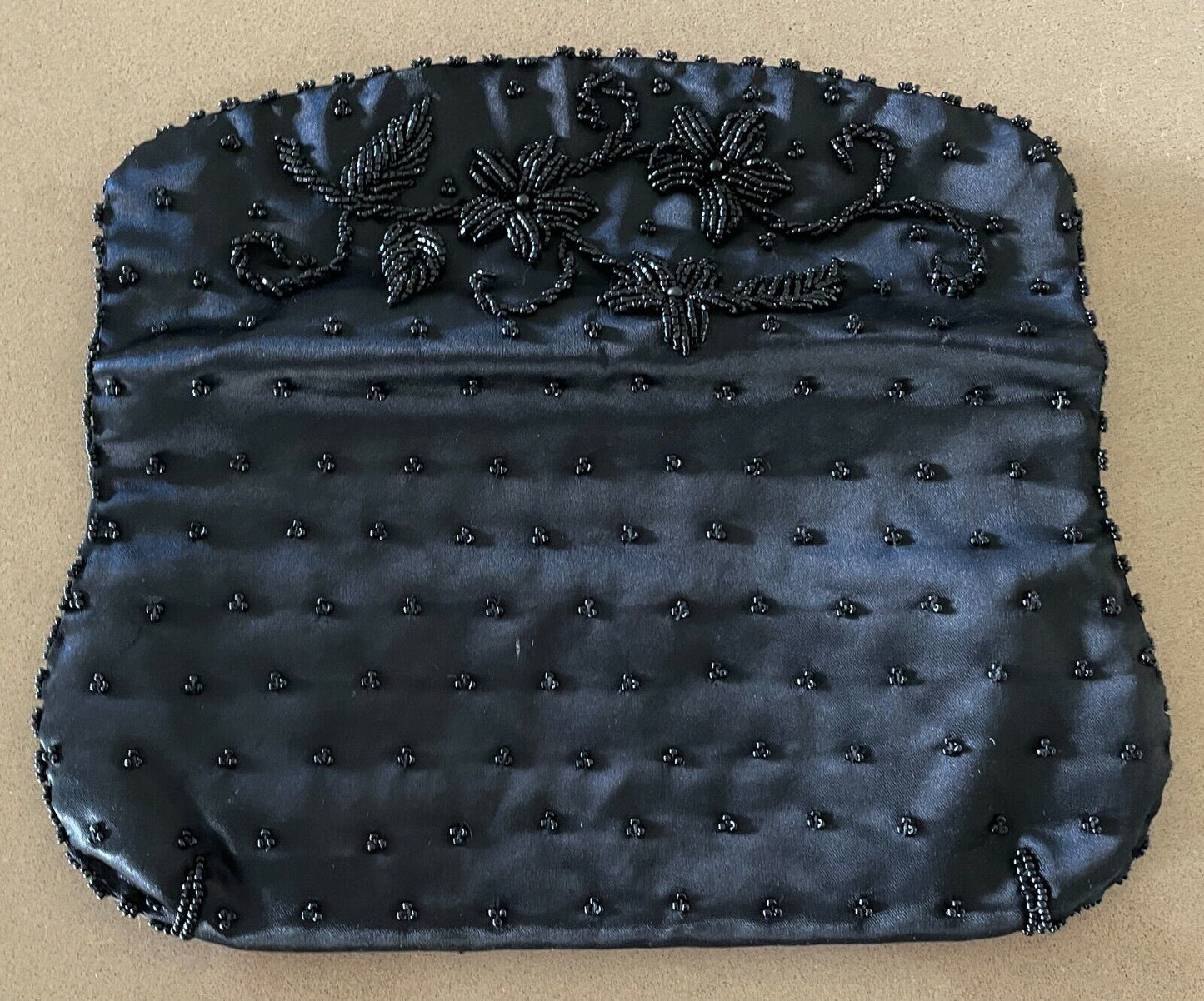 Evening Bag 2 Pce Set Hand Beaded Black Satin Foldover Clutch Bag Flat GlassCase