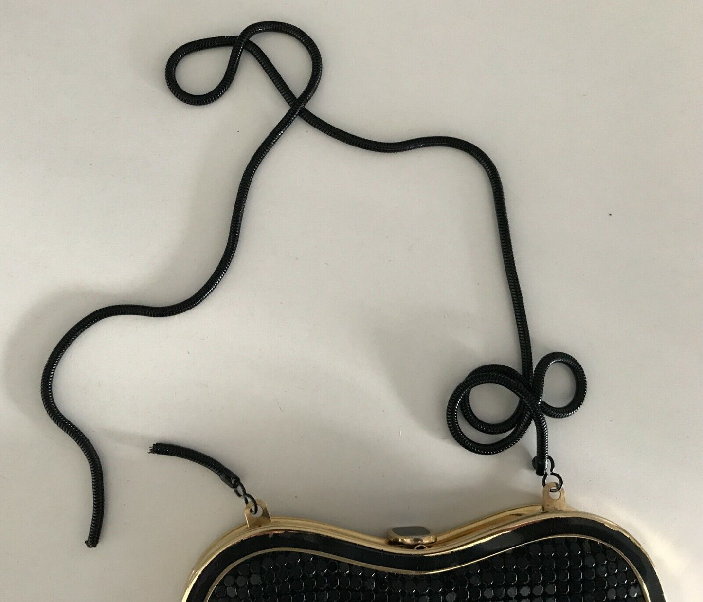 Vintage 1960's Black ALUMINIUM BAG Clutch Bag Mesh Chain Mail Gold Curve Frame