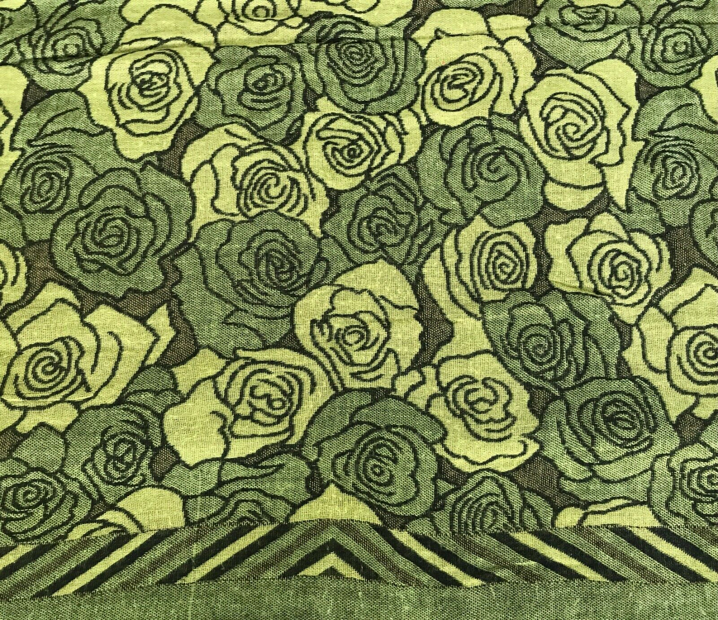 Neck SCARF Fringed Trim Green Brown & Black Floral Print Wrap