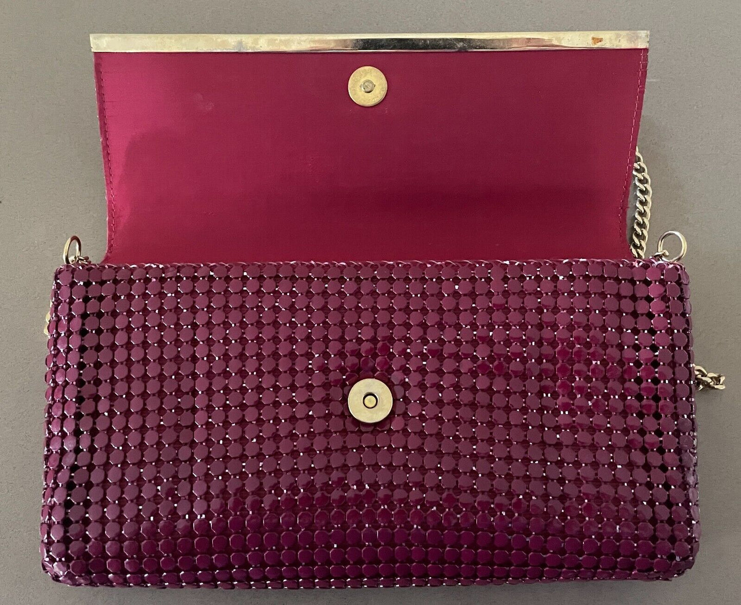 Vintage 1970's Shoulder Bag Dark Cerise Red Metal Mesh Medium Clutch w Chain