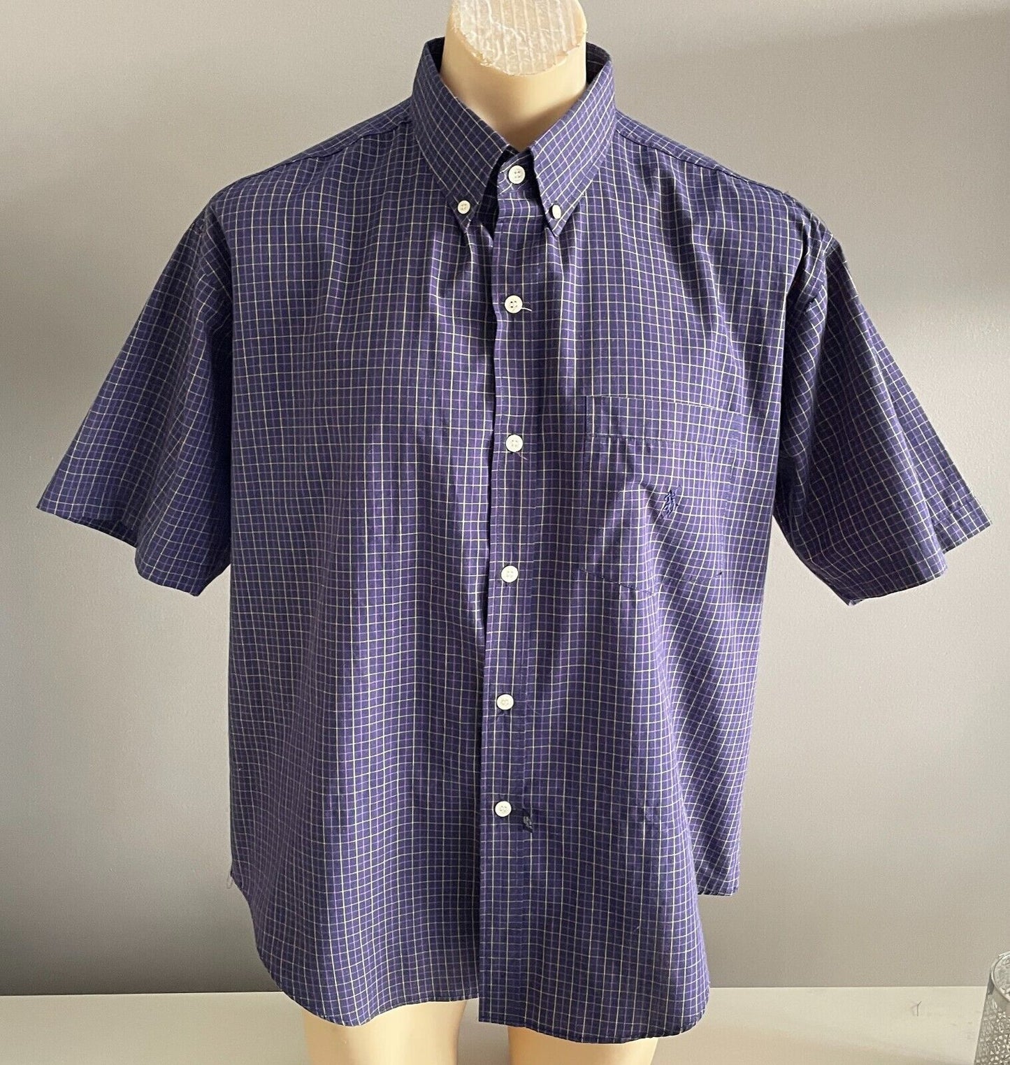 Mens XL POLO Cotton Check Short Sleeve Shirt Navy PurpleYellow Print