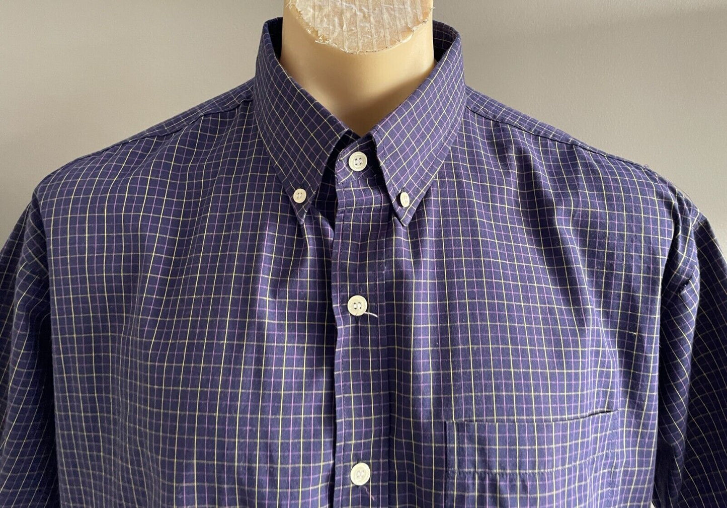 Mens XL POLO Cotton Check Short Sleeve Shirt Navy PurpleYellow Print