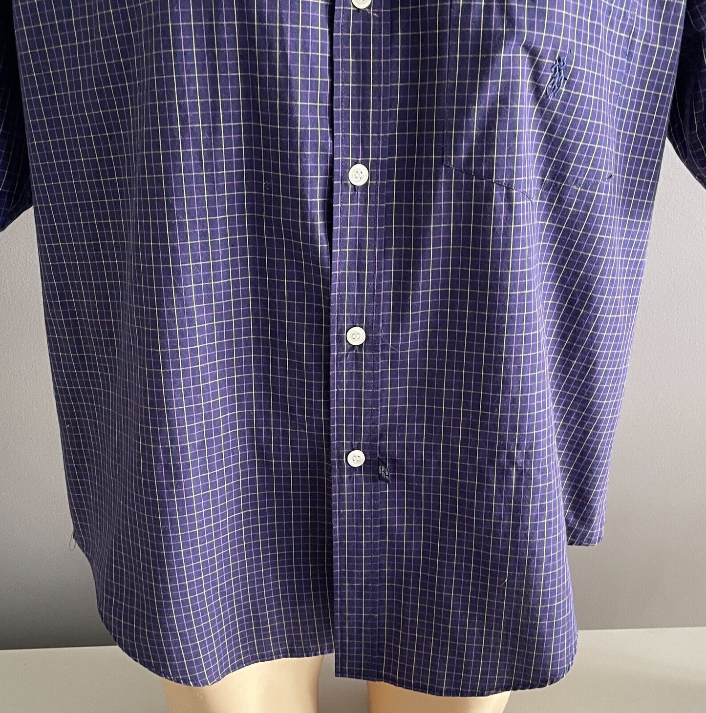 Mens XL POLO Cotton Check Short Sleeve Shirt Navy PurpleYellow Print