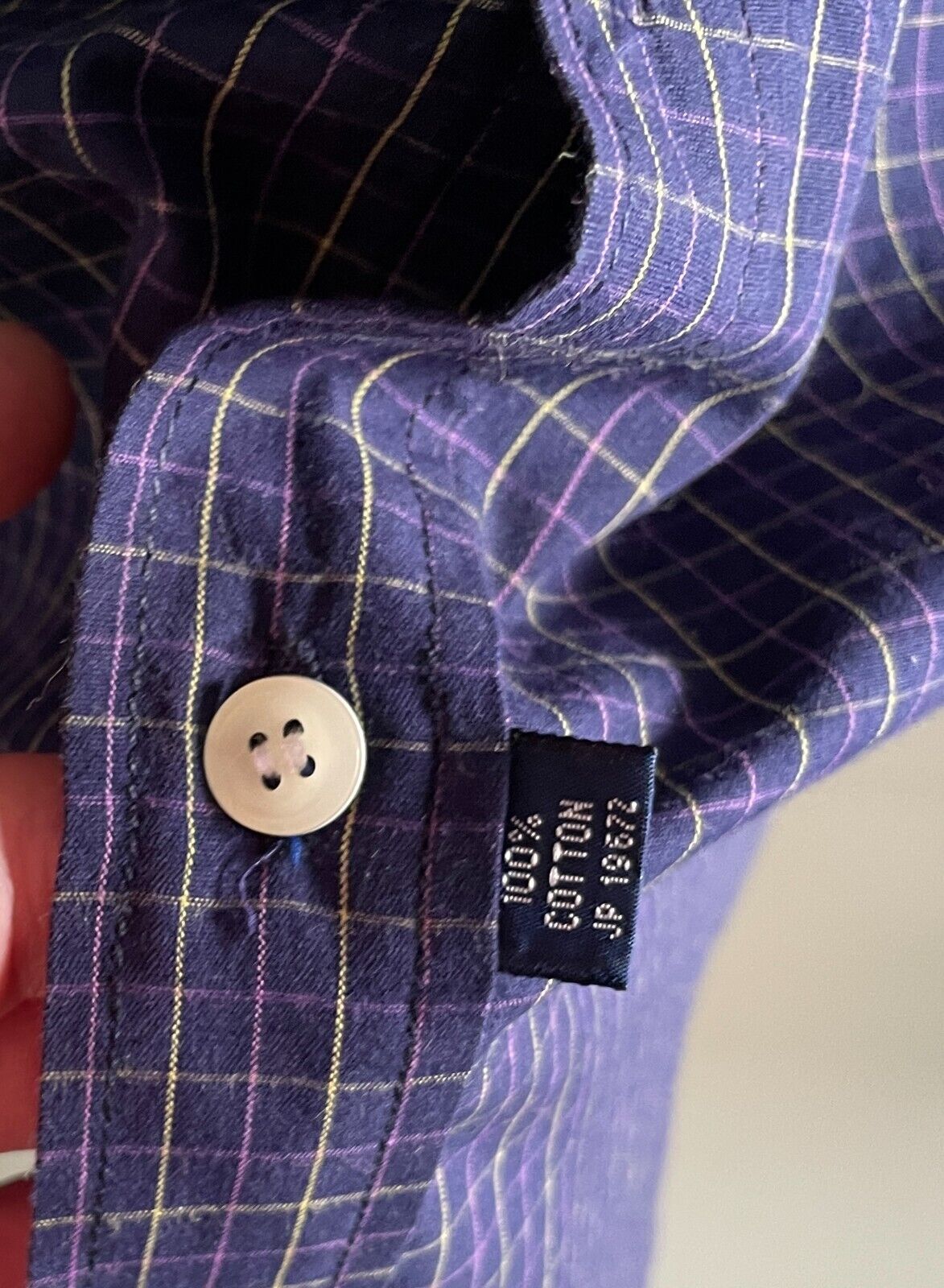Mens XL POLO Cotton Check Short Sleeve Shirt Navy PurpleYellow Print