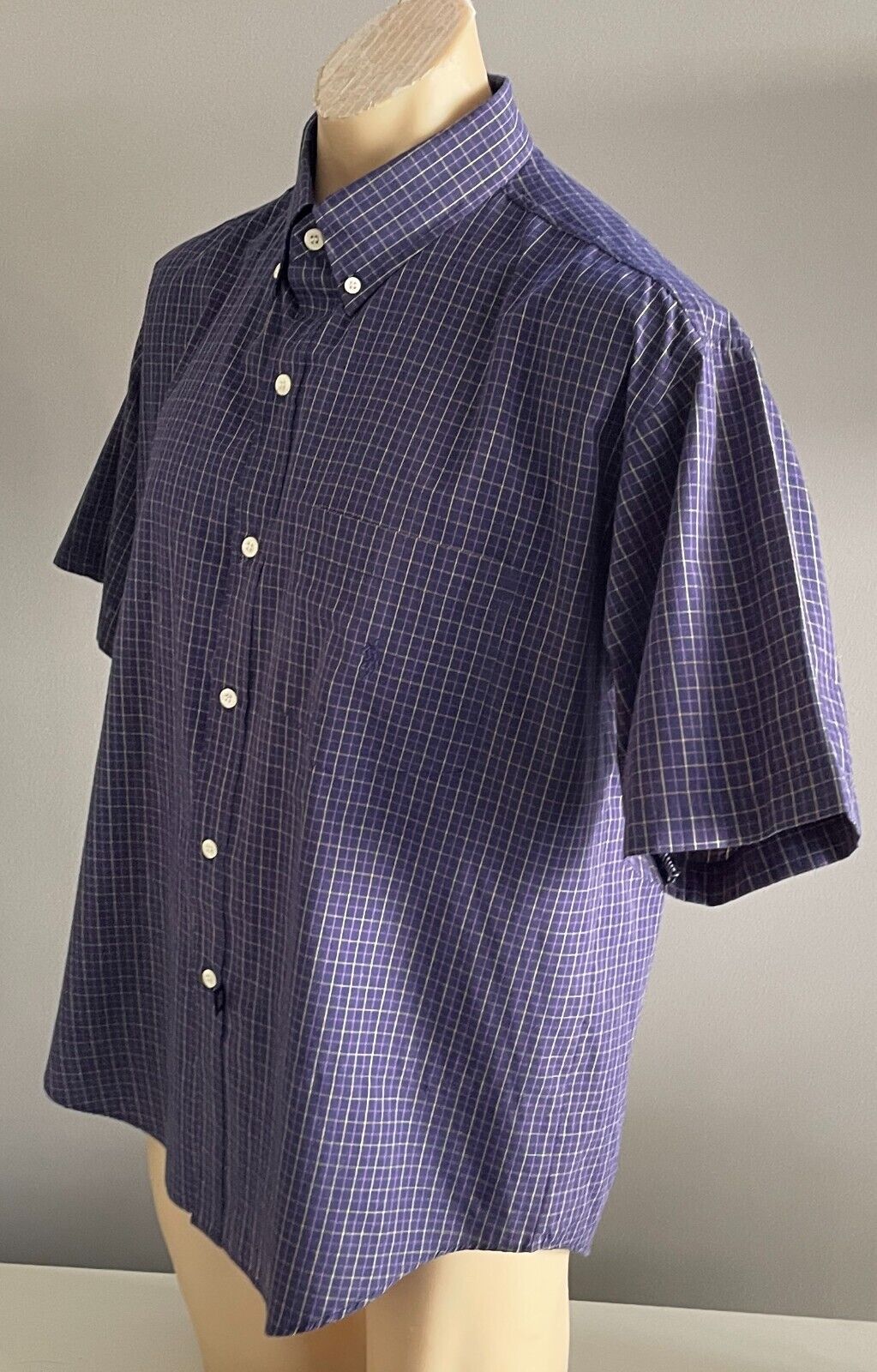 Mens XL POLO Cotton Check Short Sleeve Shirt Navy PurpleYellow Print