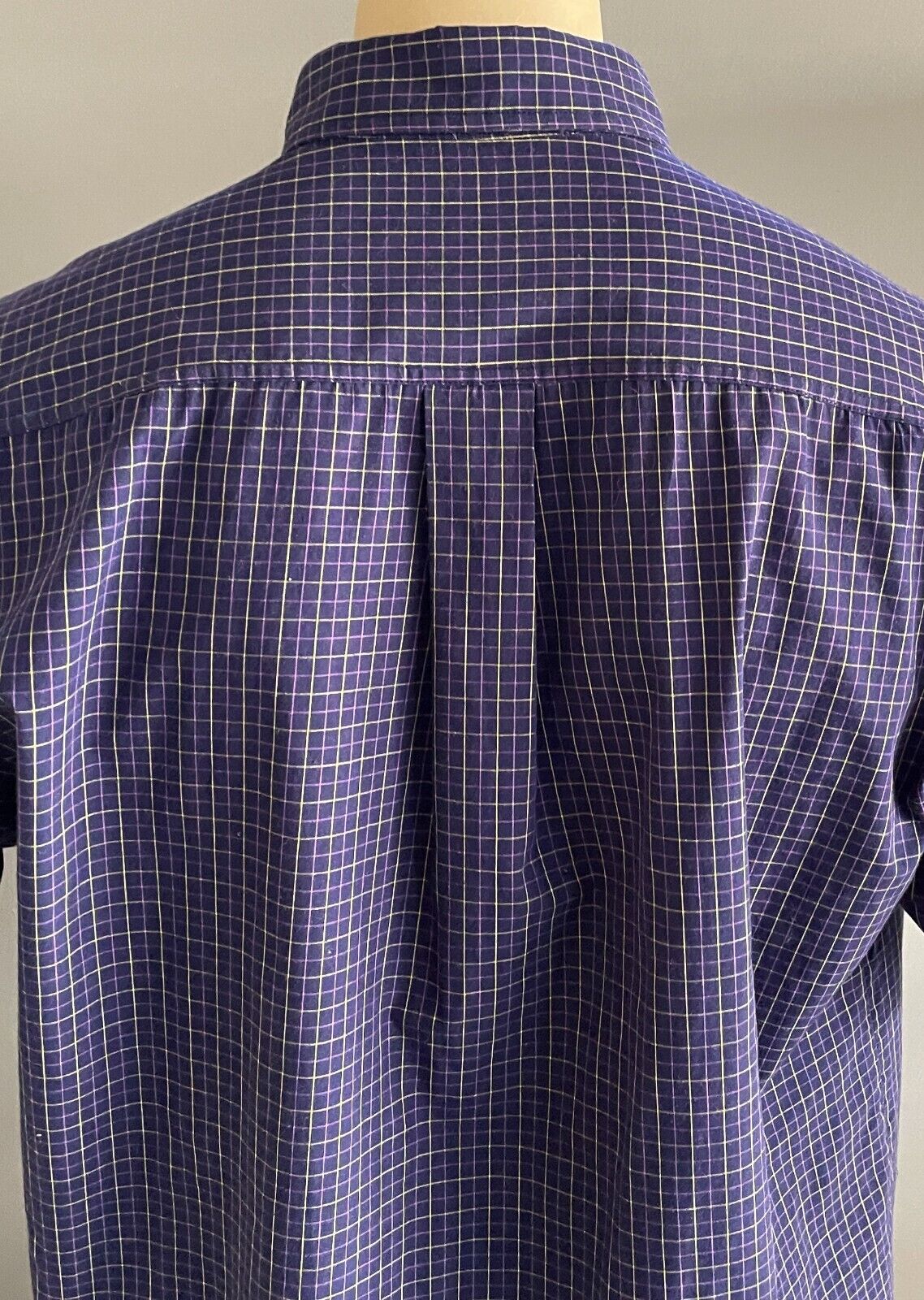 Mens XL POLO Cotton Check Short Sleeve Shirt Navy PurpleYellow Print